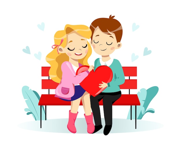 Valentinstag konzept. cartoon junges paar verliebt mann und frau halten ein großes herz, das auf der bank sitzt