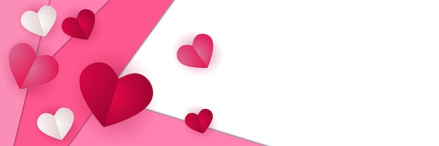 Valentinstag Konzept Poster Banner Hintergrundvorlage. Vektor-Illustration. 3d rote und rosa Papierherzen mit Rahmen auf geometrischem Hintergrund. Süße Liebesverkaufsbanner oder Grußkarten