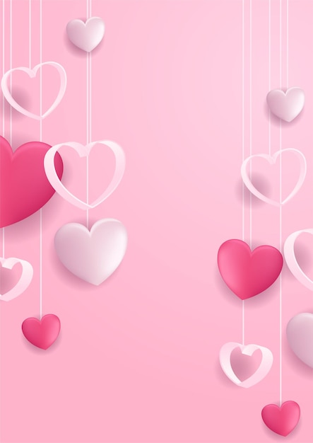 Valentinstag-Konzeptplakate. Vektor-Illustration. 3D rote und rosafarbene Papierherzen mit Rahmen auf geometrischem Hintergrund. Niedliche Liebesverkaufsbanner oder Grußkarten