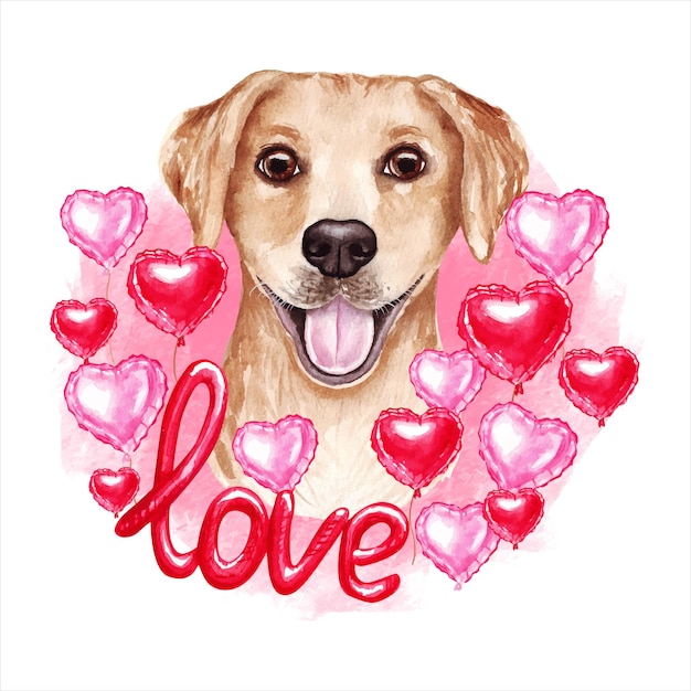 Valentinstag-labrador-hund mit herzen und liebe. aquarell-illustration.