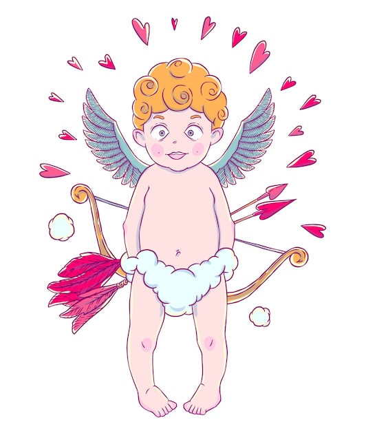 Valentinstag. Lustiger Amorjunge in den Wolkenhosen mit Pfeil und Bogen in seinen Händen. Herzen herum.