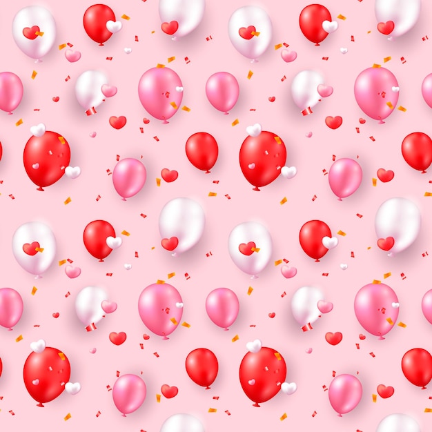 Valentinstag nahtloses Muster mit realistischen roten und rosa Herzen und Luftballons