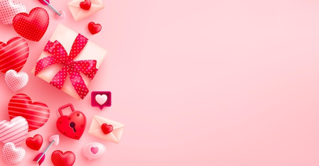 Valentinstag-Poster mit süßem Herz und Valentinstag-Geschenkbox auf rosa Hintergrund