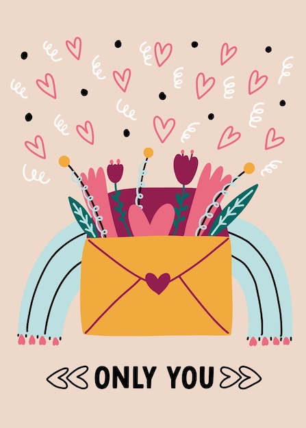 Valentinstag postkarte nur du schriftzug text liebe. vektor illustrierte handgezeichneten doodle-umschlag von briefen mit blumen herz blauer regenbogen. romantische digitale grußkarte