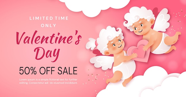 Valentinstag promotion banner. zwei amoren halten ein herz auf dem hintergrund der wolken.