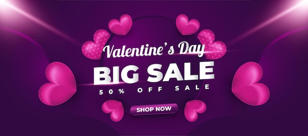 Valentinstag sale banner mit verstreuten lila herzen und leuchtenden lichtern für werbung oder reklame