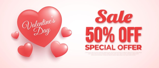 Valentinstag Sale Banner Vector Template mit Herz 3D-Dekoration
