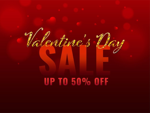 Valentinstag-Sale-Poster-Design mit 50% Rabatt auf rotem Bokeh-Hintergrund.