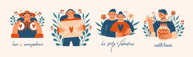 Valentinstag Satz von einfachen modernen isolierten Illustrationen mit niedlichen Personen, die Menschen umarmen