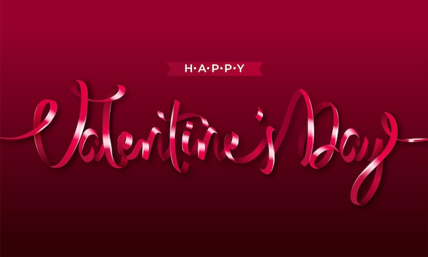 Valentinstag schriftart geschrieben von rosa seidenband auf rotem hintergrund.