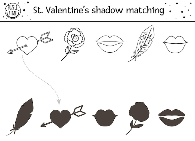 Valentinstag schwarz-weiß-schatten-matching-aktivität für kinder. lustiges umrisspuzzle mit süßen feiertagssymbolen. lernspiel für kinder mit liebesthema. finden sie das richtige arbeitsblatt für die silhouette.