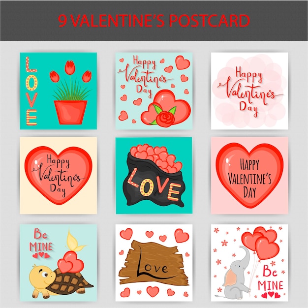 Valentinstag-Set von Postkarten. Cartoon-Stil. Vektor-Illustration.