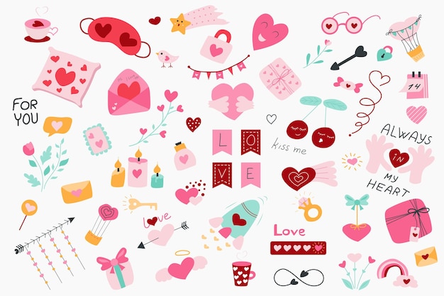 Valentinstag süßes Set in flacher Cartoon-Design Vektor-Illustration