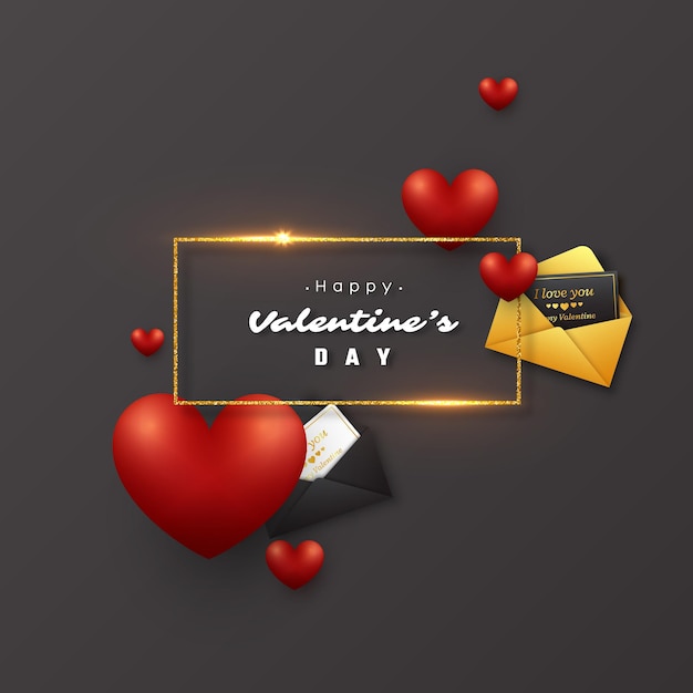 Valentinstag urlaub. glitter goldener rahmen mit leuchtenden lichtern, 3d herz und grußkarte mit umschlag.