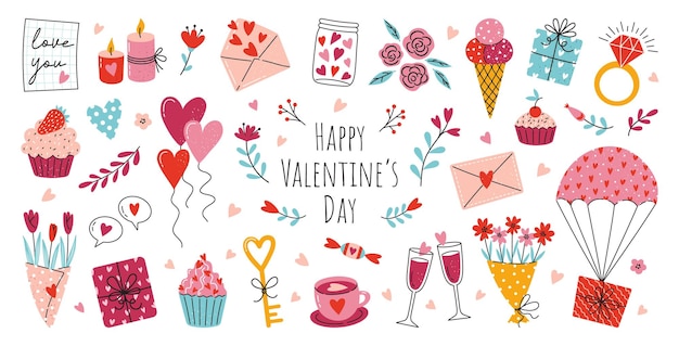 Valentinstag vektor handgezeichnete elemente set geschenk herz ballon umschlag desserts blumensträuße
