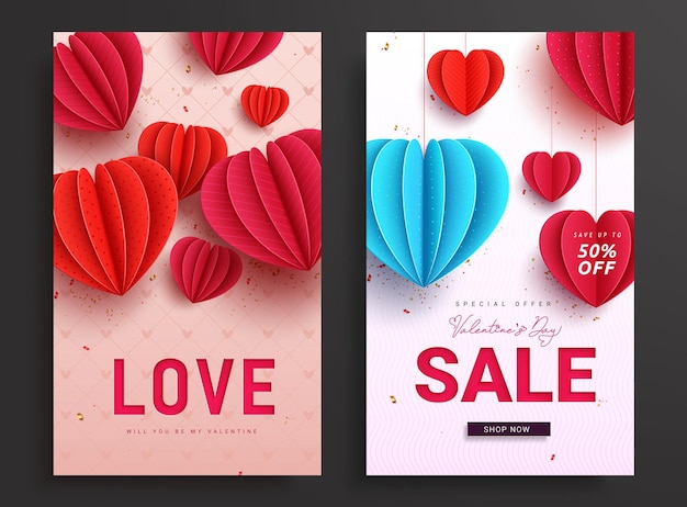 Valentinstag-vektor-poster-design. happy valentine's day love und sale text mit herz aus papierschnitt.