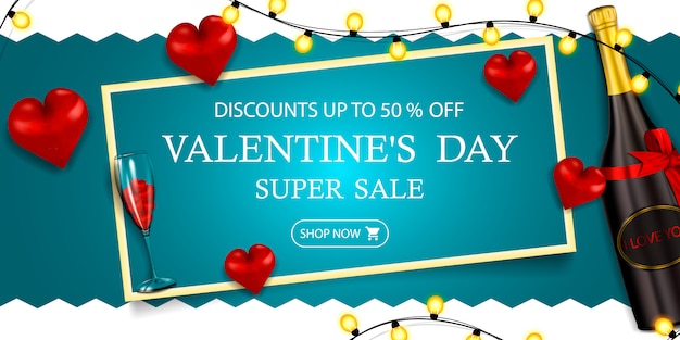 Valentinstag Verkauf, bis zu 50% Rabatt, horizontal blau moderne Rabatt Banner für Valentinstag