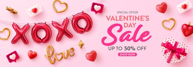 Vektor valentinstag verkauf poster und banner vorlage mit dem xoxo ballon und herz geformte geschenkbox