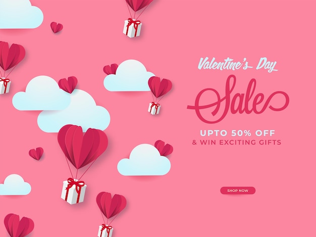 Vektor valentinstag-verkaufsplakat-design mit rabattangebot, papier geschnittene herzballons, geschenkboxen und wolken auf rosa hintergrund.