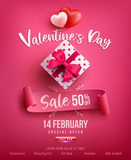 Valentinstag-verkaufsplakat oder -fahne mit süßem geschenk, schatz und reizenden einzelteilen auf rosa. förderungs- und einkaufsschablone oder für liebe und valentinstag