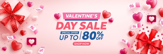Valentinstag-verkaufsposter mit süßem coupon in herzrosa und valentinstag-geschenkbox auf rosa