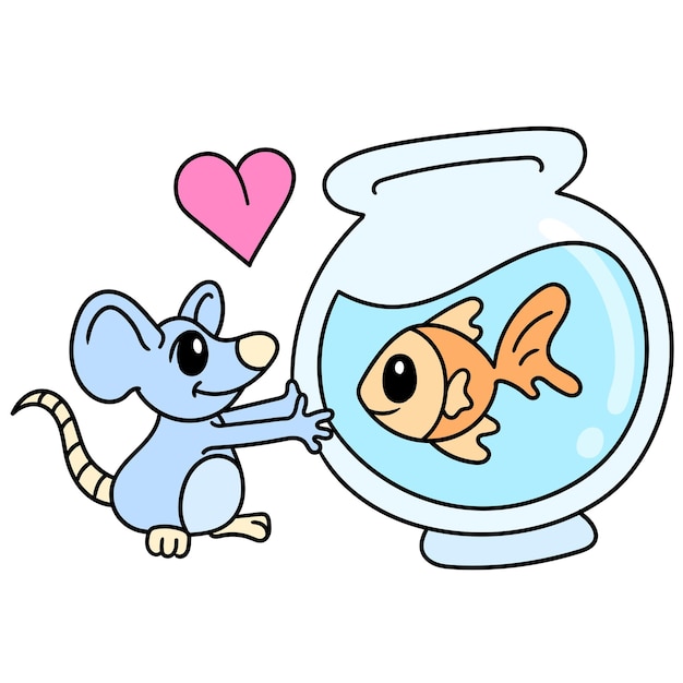 Valentinstag verliebte sich eine maus in einen fisch in einem aquarium, doodle draw kawaii. illustrationskunst