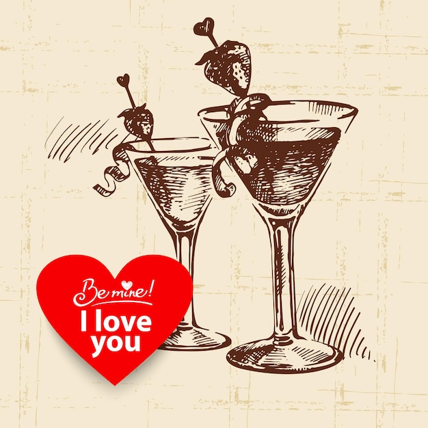 Vektor valentinstag-vintage-hintergrund. hand gezeichnete illustration mit herzformfahne. cocktails