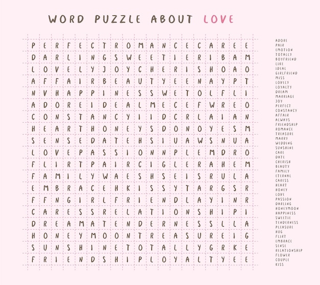 Valentinstag worträtsel kreuzworträtsel finden sie die aufgelisteten wörter über liebe im gehirn arbeit puzzle aufmerksamkeitstest rätselspiel in englischer sprache wörter befinden sich vorwärts und unten