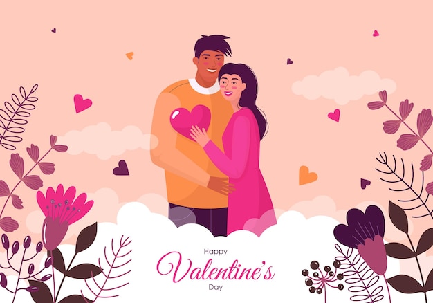 Valentinstagillustration mit umarmenden liebhabern und blumen