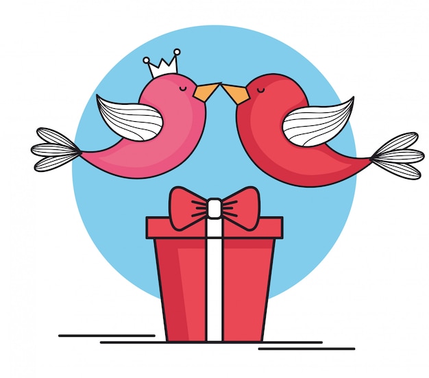 Vektor valentinstagkarte mit vögeln und geschenk