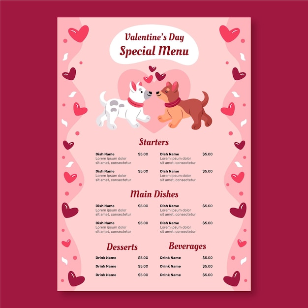 Valentinstagmenüschablone mit hundeillustrationen