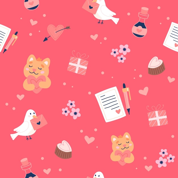 Valentinstagmuster mit süßen tauben, katzen und liebesbriefen. handgezeichnete vektorillustration