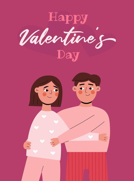 Valentinstagskarte mit verliebten Jungen und Mädchen, die flache Vektorillustration umarmen