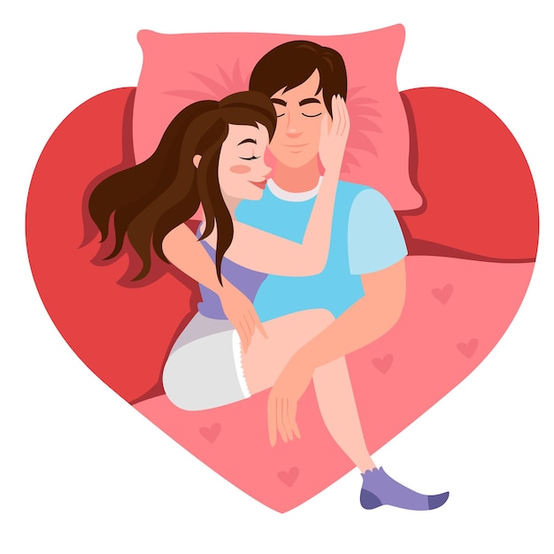 Valentinstagskarte, schlafender Mann und Frau, Liebe, schlafende Zeitillustration. Verliebte Menschen.