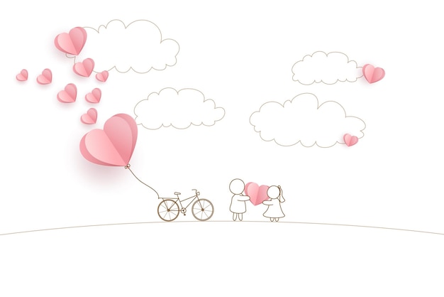 Valentinstagspostkarte mit Mann gibt einem Mädchen ein Papierherz und ein Fahrrad mit herzförmigen Luftballons.