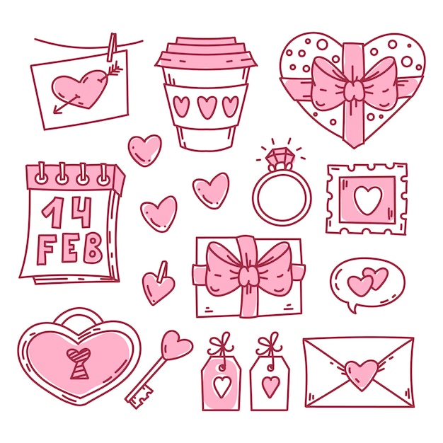 Valentinstagssymbole, handgezeichnete gekritzelsammlung, feiertagssymbole