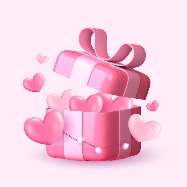 Valentinstagsthema mit realistischen Geschenkkisten Eine offene Kiste voller festlicher Dekorationen