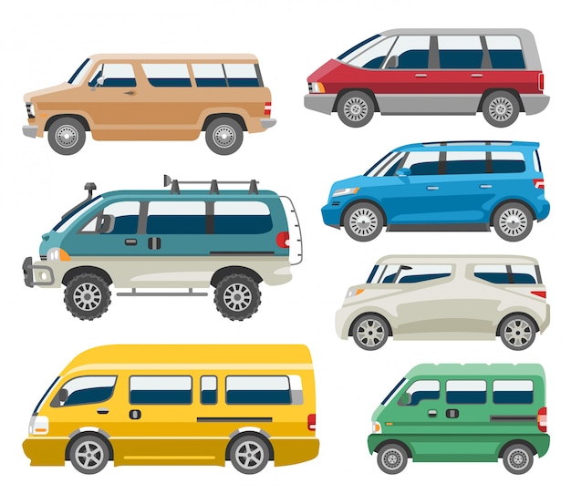 Van auto auto fahrzeug minivan familie minibus fahrzeug und auto stadtauto auf weißem hintergrund illustration eingestellt