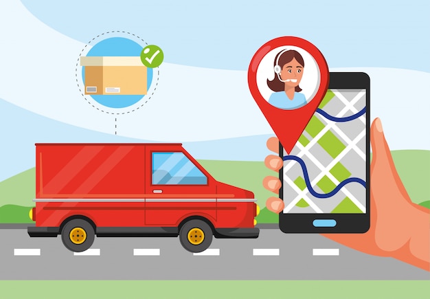 Van Transport und Hand mit GPS-Standort und Call-Center-Service