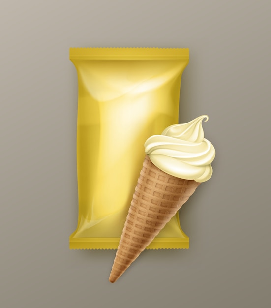 Vanille-bananen-softeis-eiscreme-waffelkegel mit gelber plastikfolienverpackung für branding-paket nahaufnahme auf hintergrund