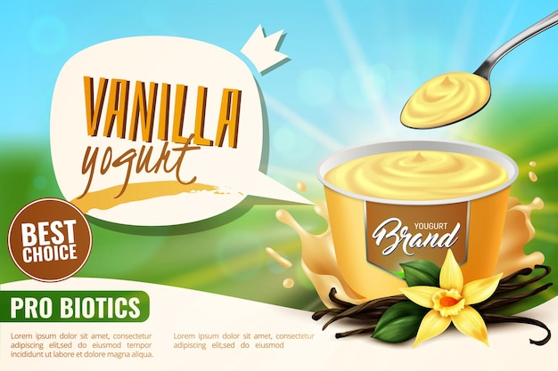 Vanillejoghurt gesundes natürlich aromatisiertes probiotisches milchprodukt realistisches werbebanner