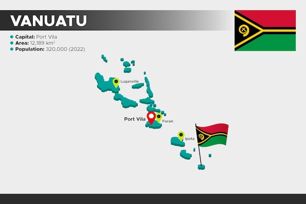 Vanuatu isometrische 3d-illustrationskarte flag hauptstädte bereich bevölkerung und karte von vanuatu