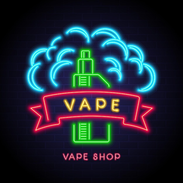 Vektor vape-shop-logo mit neonlicht-heller illustration