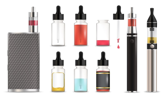 Vape- und Liquid-Flaschen-Icon-Set, vektorisolierte Illustration