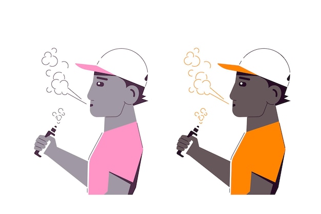 Vaping-aktivitätskonzept. männlicher afroamerikanercharakter, der vape smoking genießt, isoliert auf weiß.