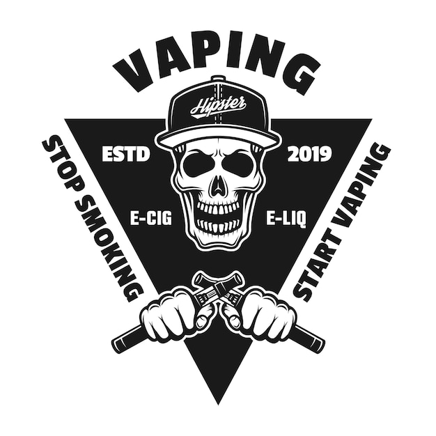 Vaping monochromes emblem, abzeichen, etikett oder logo mit hipster-schädel und zwei händen, die elektronische zigaretten isoliert auf weißem hintergrund halten