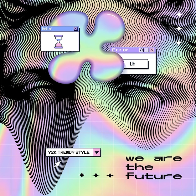 Vaporwave futuristischer Cyberpunk verzerrtes Gesicht einer antiken Statue Synthwave-Stil Poster mit lebendigen