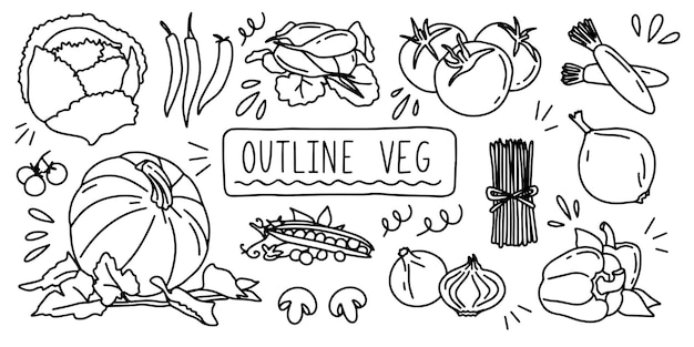 Vektor variable frische lebensmittel gesundes gemüse umriss gemüse doodle handzeichnung symbol linienskizze
