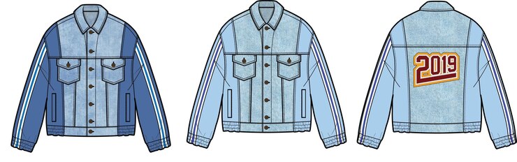 VARSITY JACKET Vorder- und Rückseite flache Skizze technische Zeichnung Vektorillustrationsvorlage