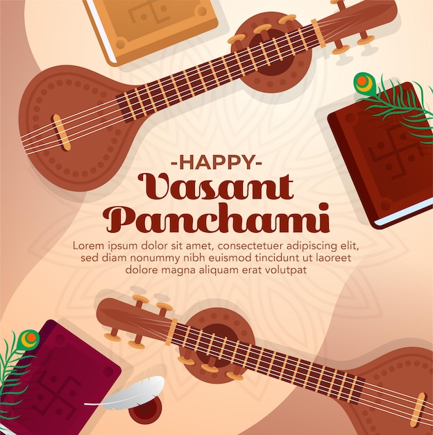 Vasant panchami-feier-vektordesign mit veena-musikinstrumentendekoration